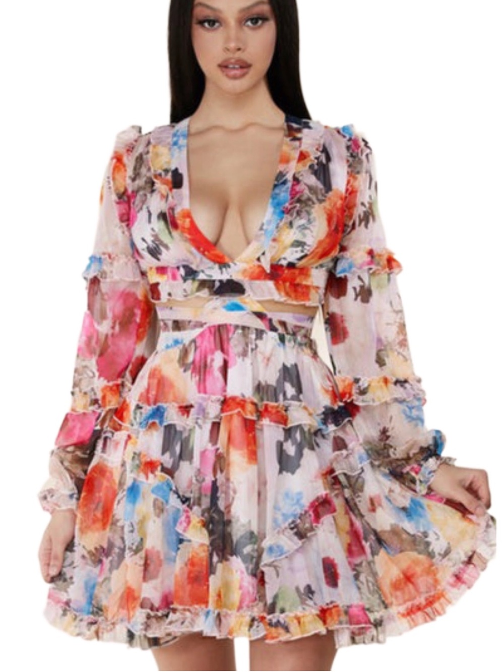 L'ATISTE Multi-Color Floral V-Neck Ruffle Mini Dress